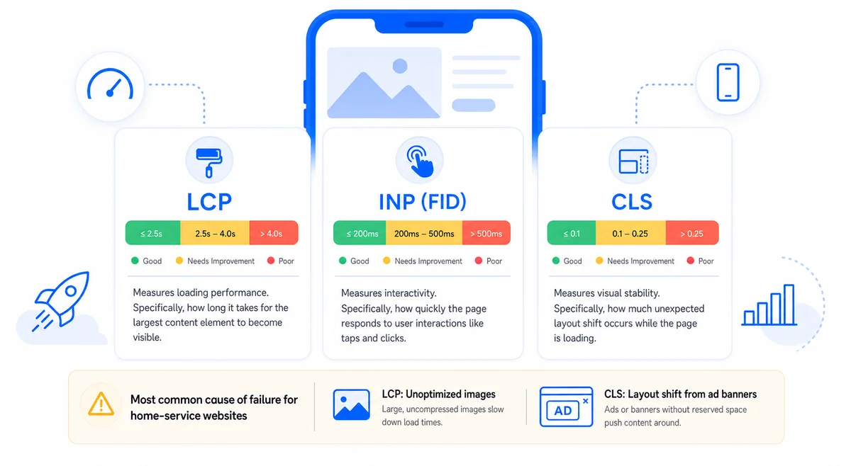 Diagram displaying Core Web Vitals benchmark thresholds for mobile SEO services showing pass and fail ranges for each metric.