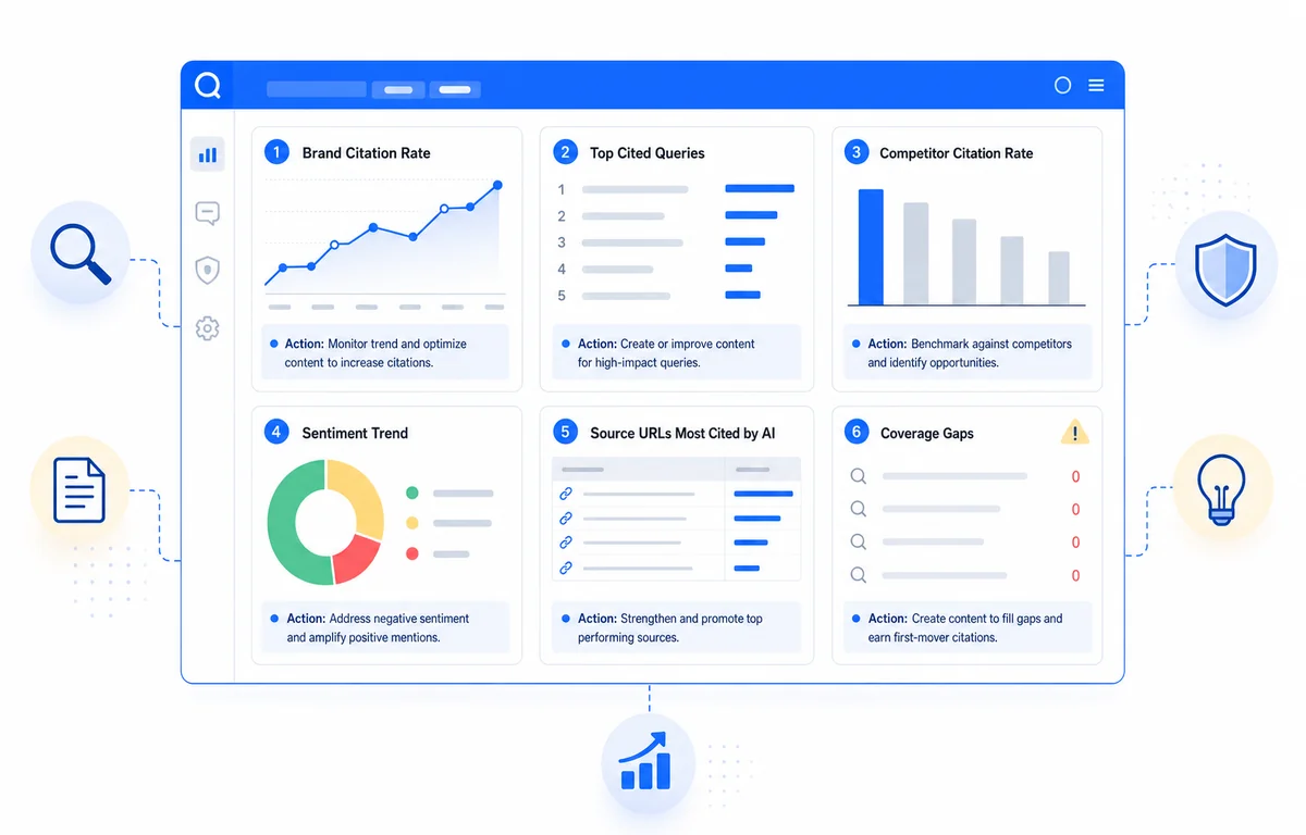 Chart illustrating an AI search performance monitoring dashboard layout for tracking key metrics in AI search results.