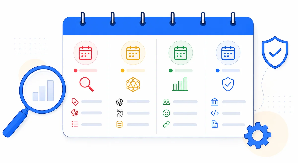Comparison diagram outlining recommended monitoring frequency guidelines for tracking SEO performance in AI search environments.
