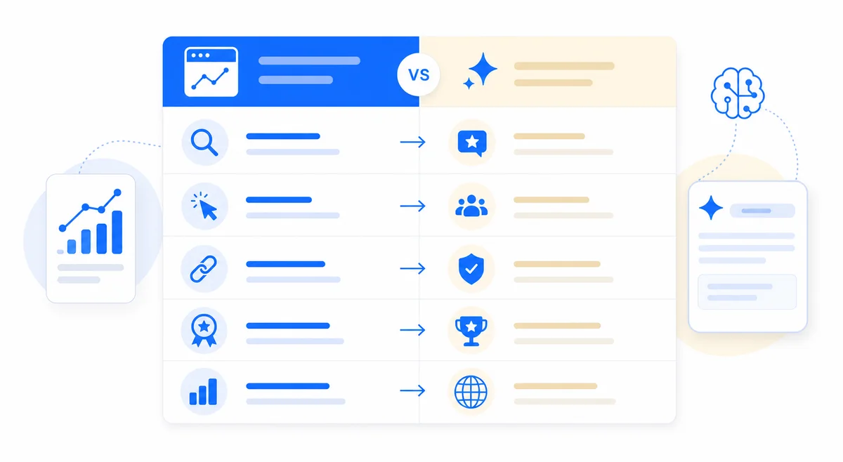 Table matching traditional SEO KPIs to their AI search equivalents to help marketers monitor SEO performance in AI search engines.