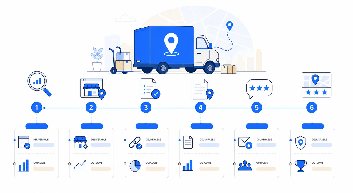 Diagram showing a moving company local SEO marketing timeline with key milestones for building local search visibility.