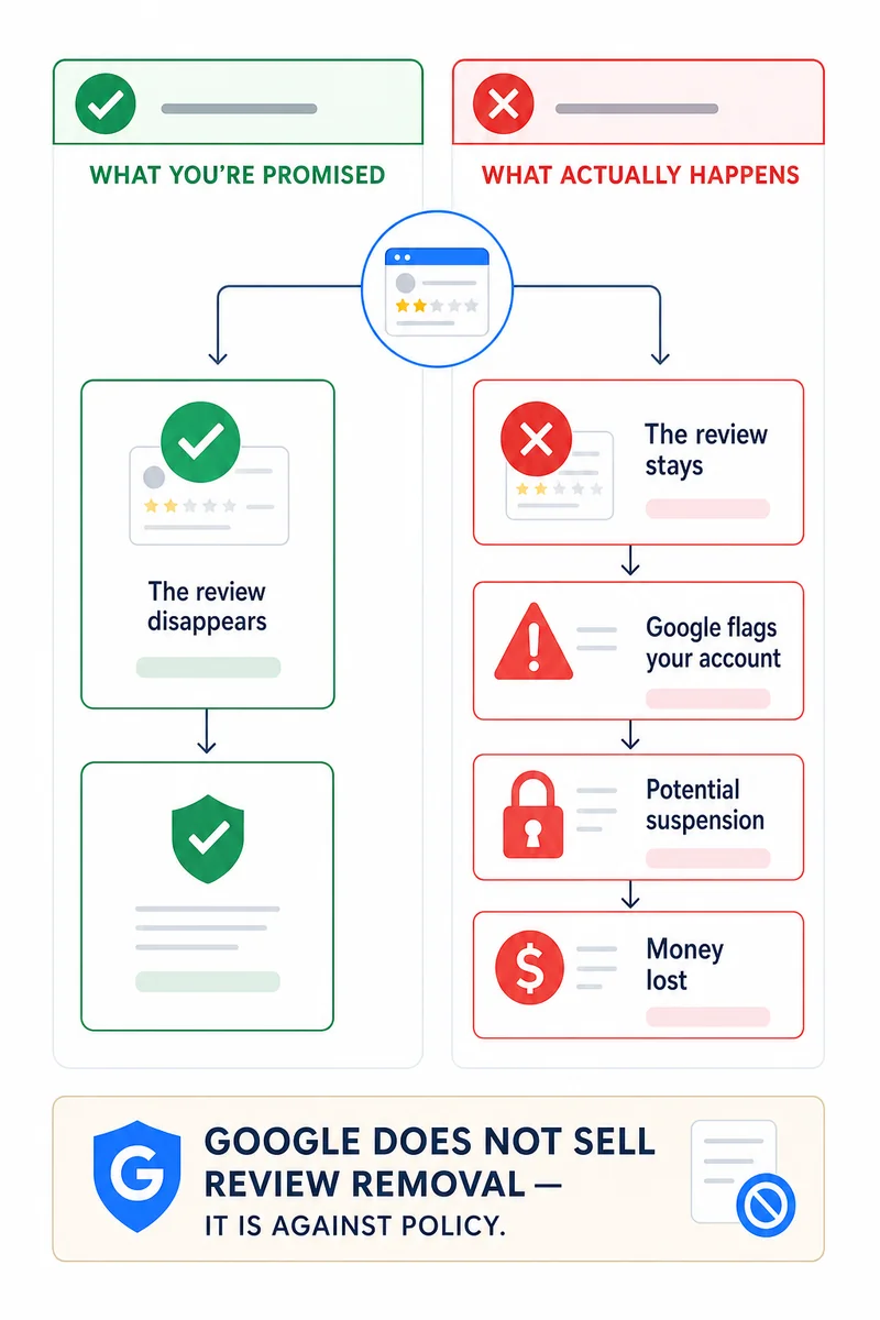 Decision tree contrasting promised outcomes versus real outcomes when businesses pay to remove google reviews illegally.