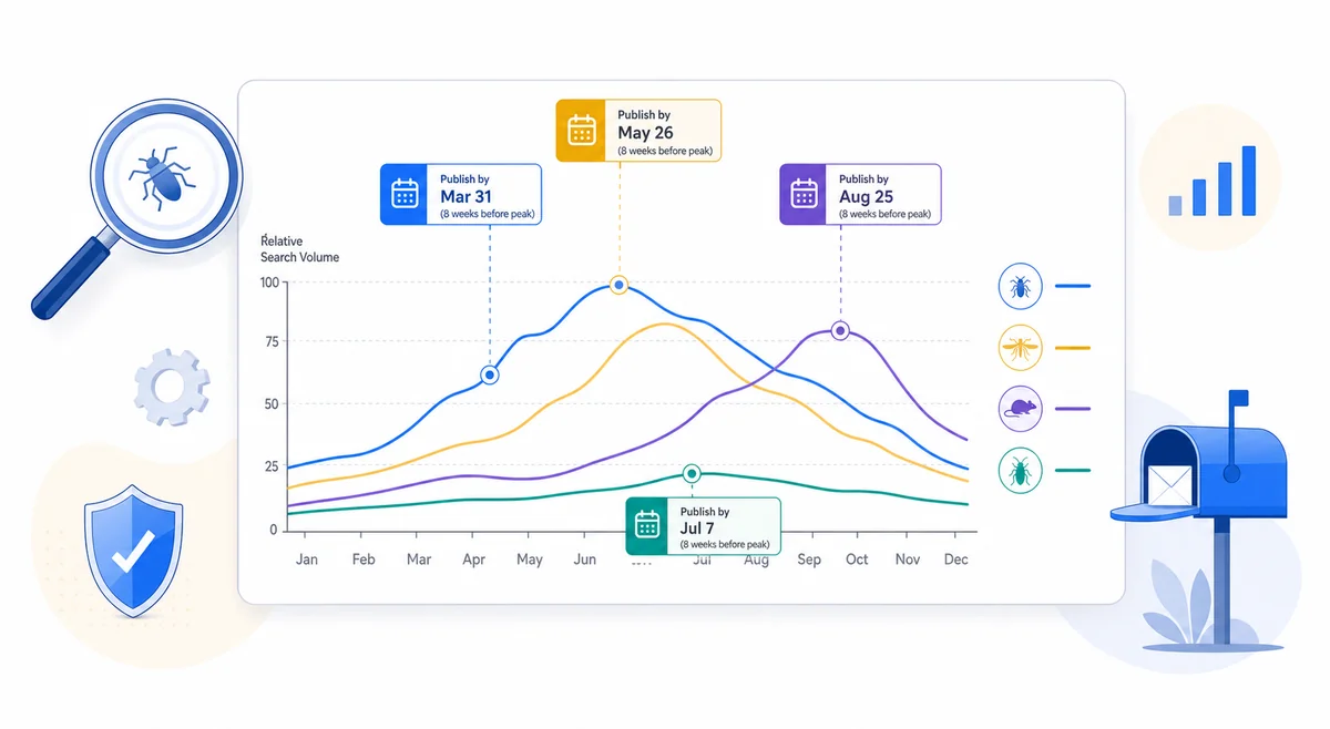 Line chart showing pest control seo keyword demand by season for ants, mosquitoes, rodents, and cockroaches across 12 months.