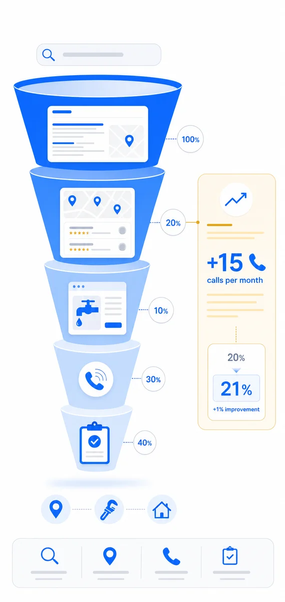 Funnel diagram illustrating the full plumbing company local seo lead generation process from search to booked job.