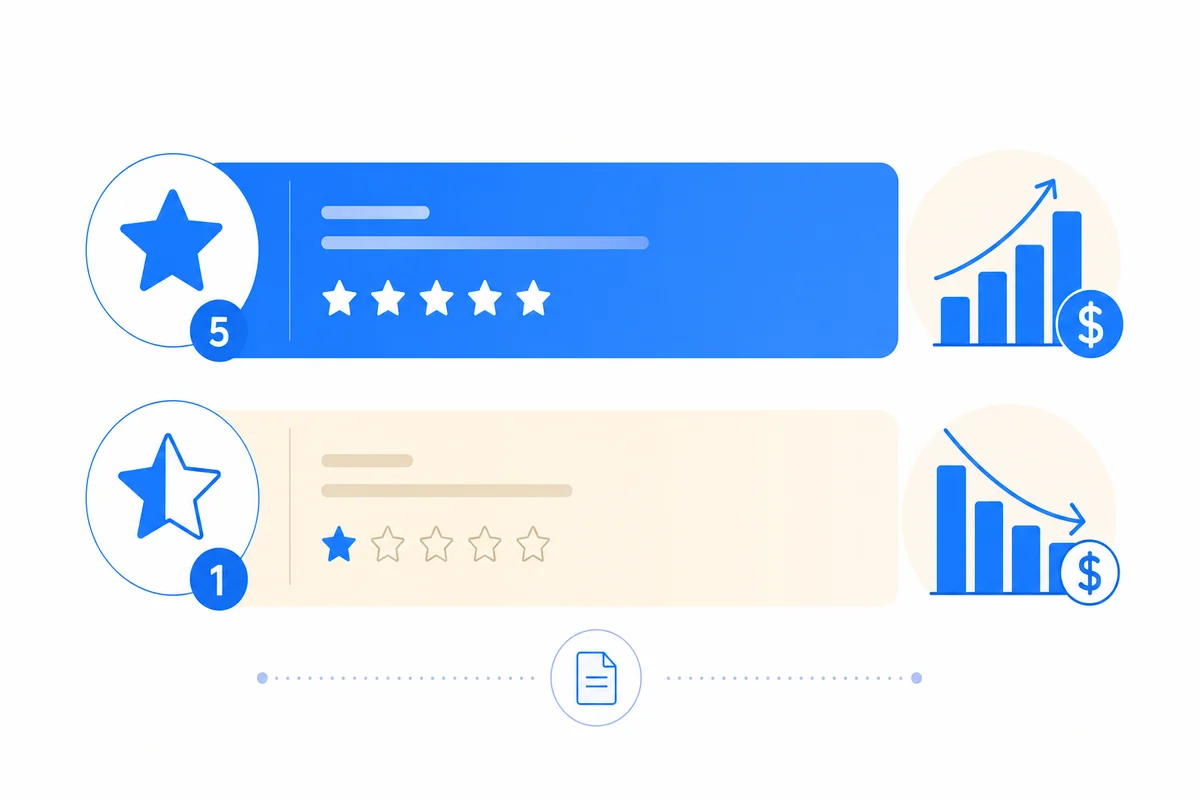 Diagram comparing the business cost of a 1-star versus 5-star review in reputation management google reviews strategy.