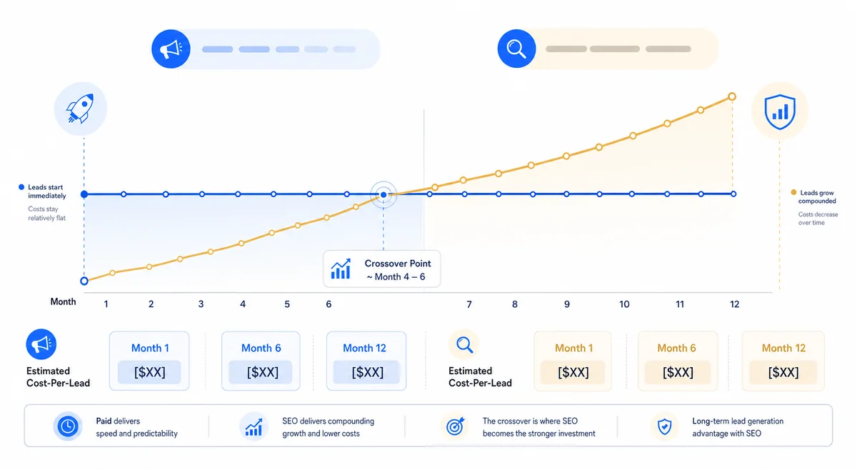 Timeline comparing organic versus paid lead generation over time for restoration local seo marketing campaigns.