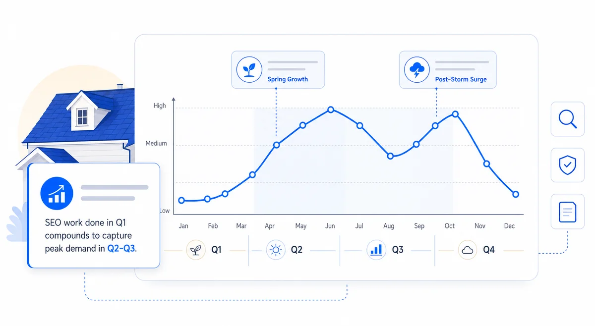 Chart showing seasonal roofing SEO marketing search demand fluctuations across all twelve months of the year.
