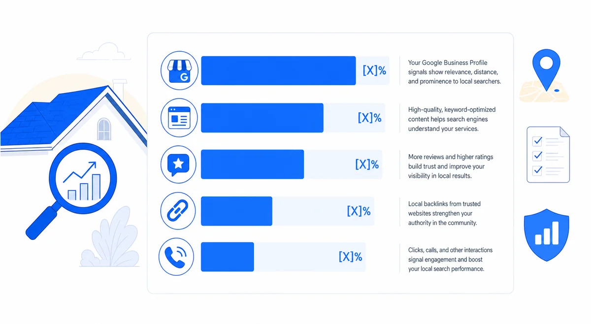 Chart breaking down the key roofing SEO ranking signals and their relative weight in search results.