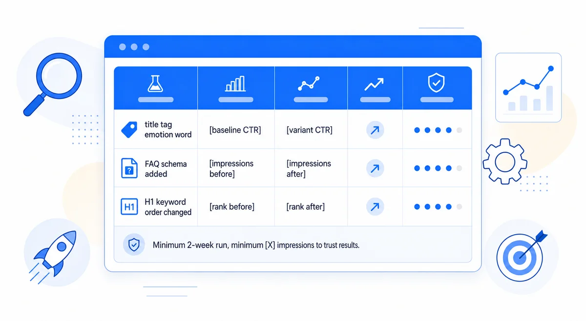 Table displaying sample SEO A/B testing results with metrics comparing control and variant page performance.