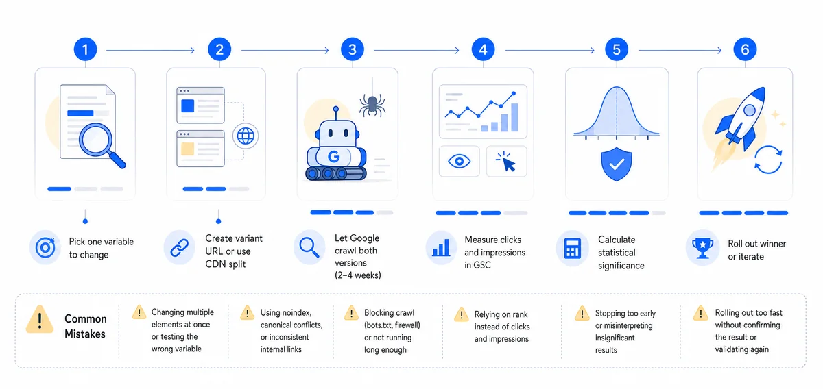 Flowchart illustrating the six-step process showing how an SEO A/B testing split test works from setup to analysis.