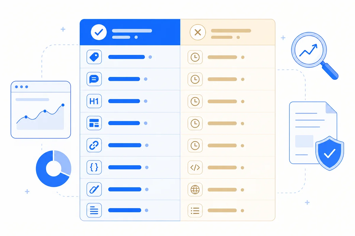 Table comparing eight SEO A/B testing elements that can be split-tested versus those requiring a time-series approach.