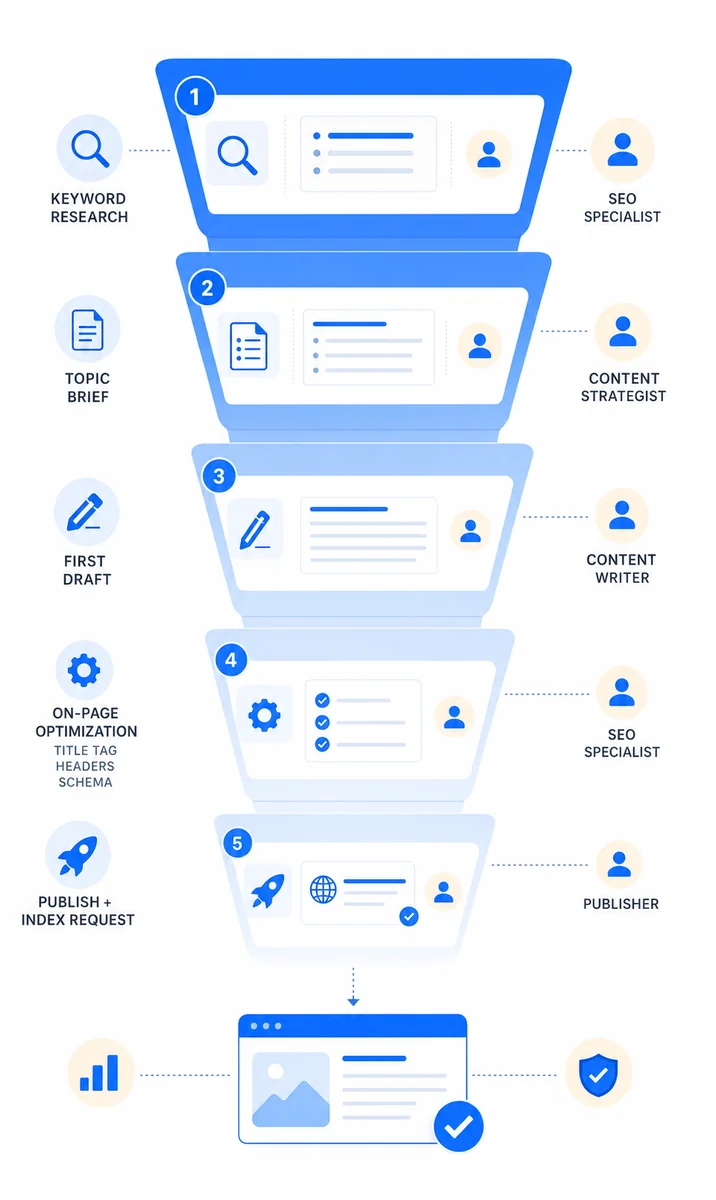 Funnel diagram showing the five-stage SEO content writing services production workflow from keyword research to live page.