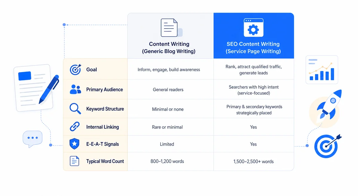 Table comparing SEO content writing services side-by-side with standard content writing across key quality dimensions.
