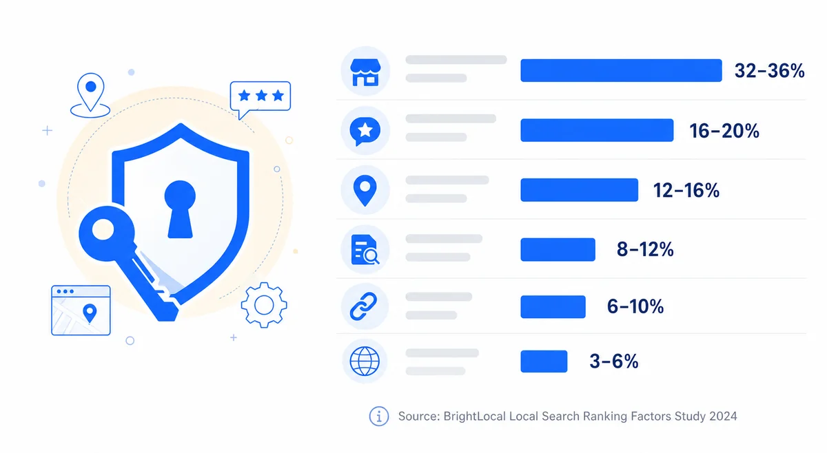 Bar chart showing the relative weight of local SEO for locksmith ranking factors including GBP signals, reviews, and backlinks.