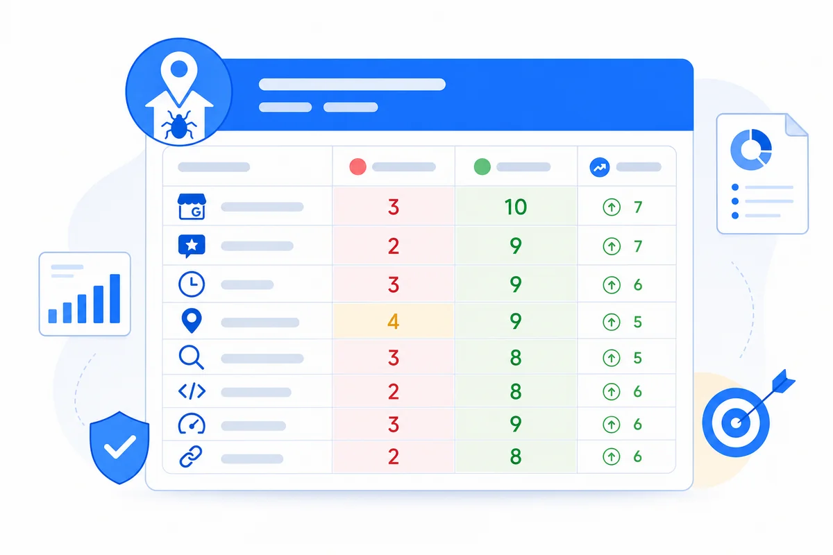 Table scorecard rating the most important local SEO for pest control ranking factors businesses must optimize.