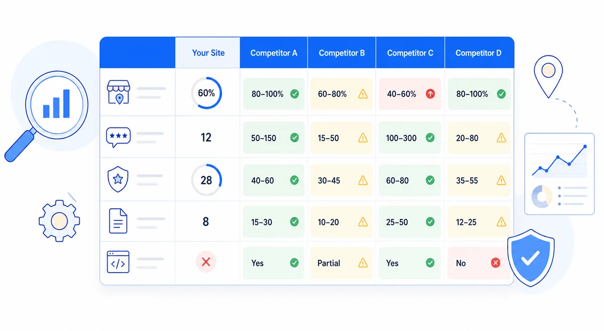 Table comparing SEO signals for restoration companies against four competitors including GBP completeness, reviews, and domain authority.
