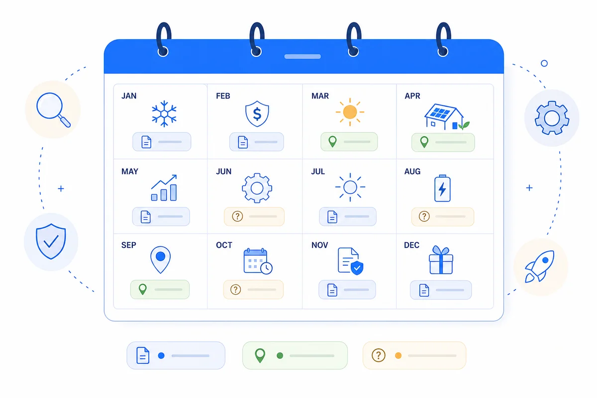 Diagram mapping a 12-month solar SEO content calendar with planned topics and publishing timing for solar companies.