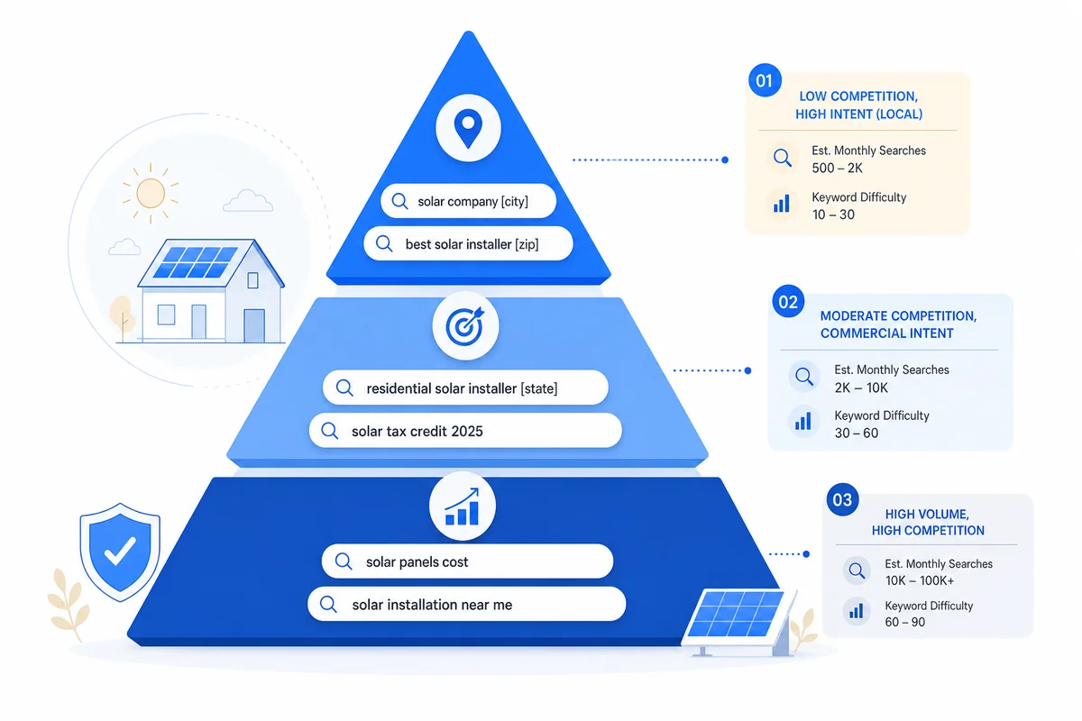 Pyramid ranking solar company SEO keywords by tier from broad awareness terms down to high-intent conversion keywords.