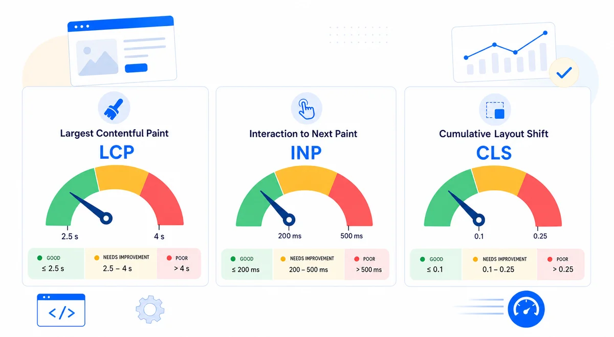 Diagram explaining Core Web Vitals thresholds for SEO-friendly web development including LCP, INP, and CLS score ranges.