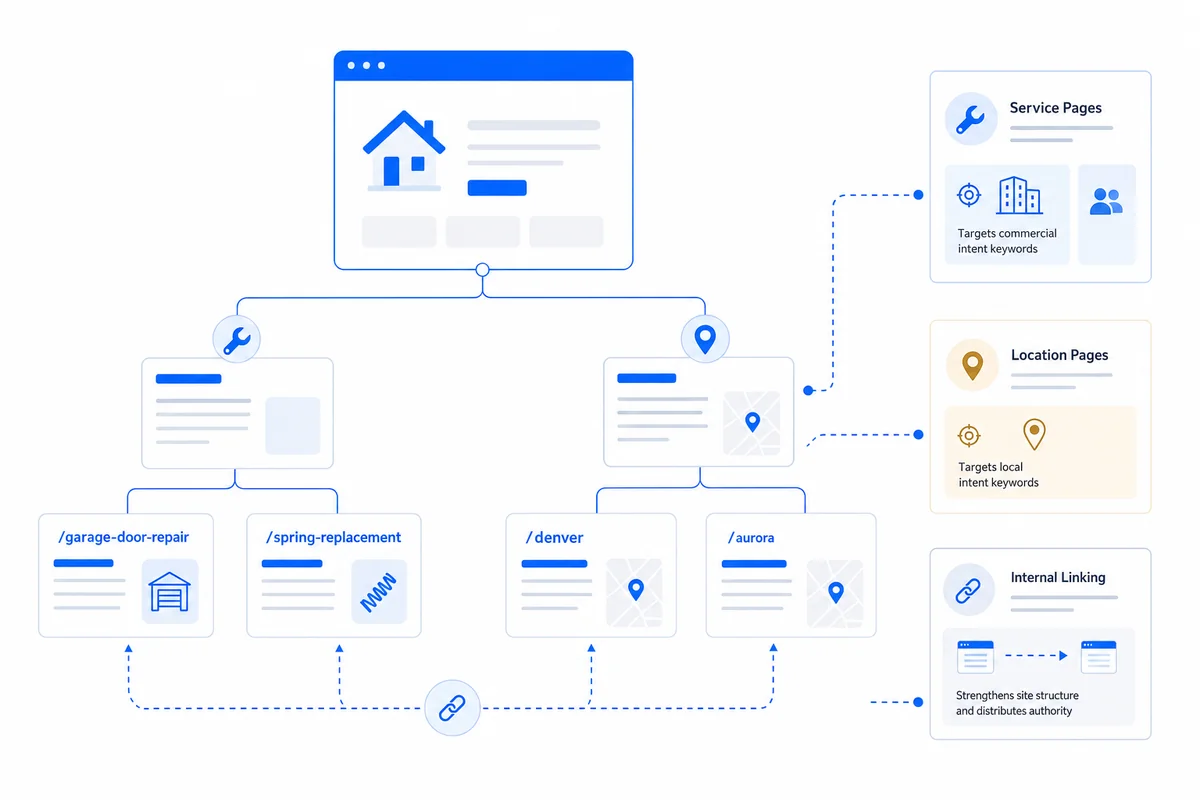 Decision tree illustrating recommended site architecture for local service businesses to support SEO-friendly web development.