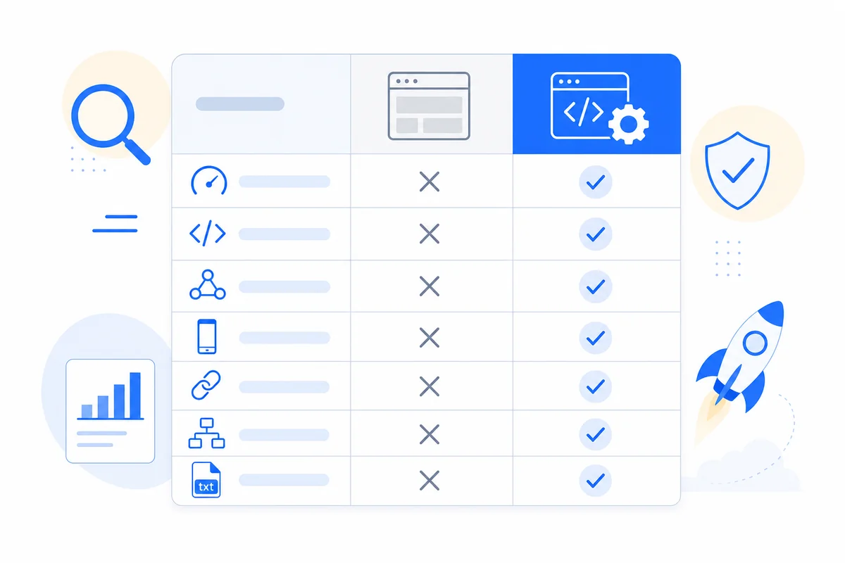 Comparison table showing SEO-friendly web development features versus a generic site builder across Core Web Vitals, schema, and sitemap readiness.