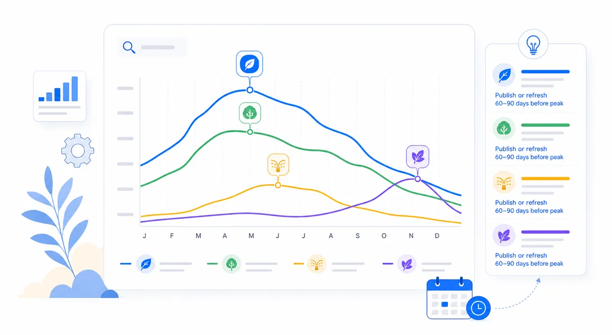 Multi-line chart showing seasonal search volume trends across four landscaping keywords with peak months annotated for SEO marketing planning.