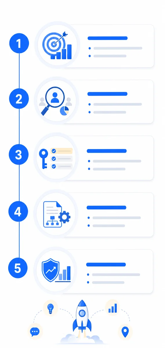 Process diagram outlining the five-step SEO strategy consulting process from audit to roadmap delivery for clients.