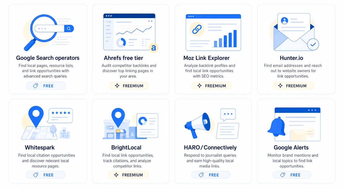 Diagram listing eight free and low-cost tools for finding local link building opportunities to boost local SEO authority.