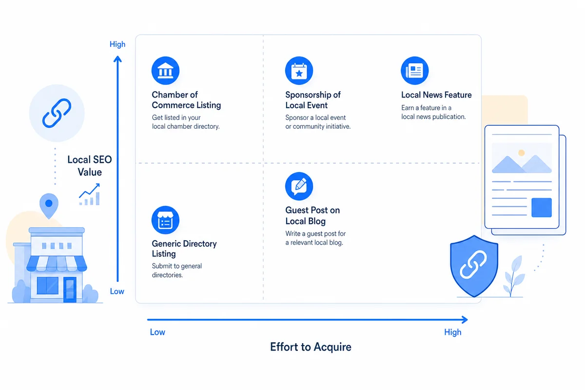 Chart mapping local link building sources by effort required against link value to prioritize the best tools for local link building.