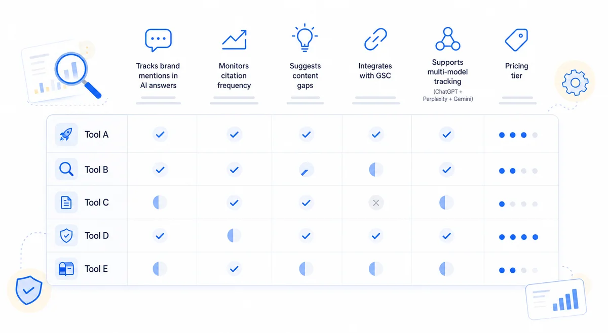 Table comparing top AI search optimization tools for content creators across key features in a side-by-side feature matrix.