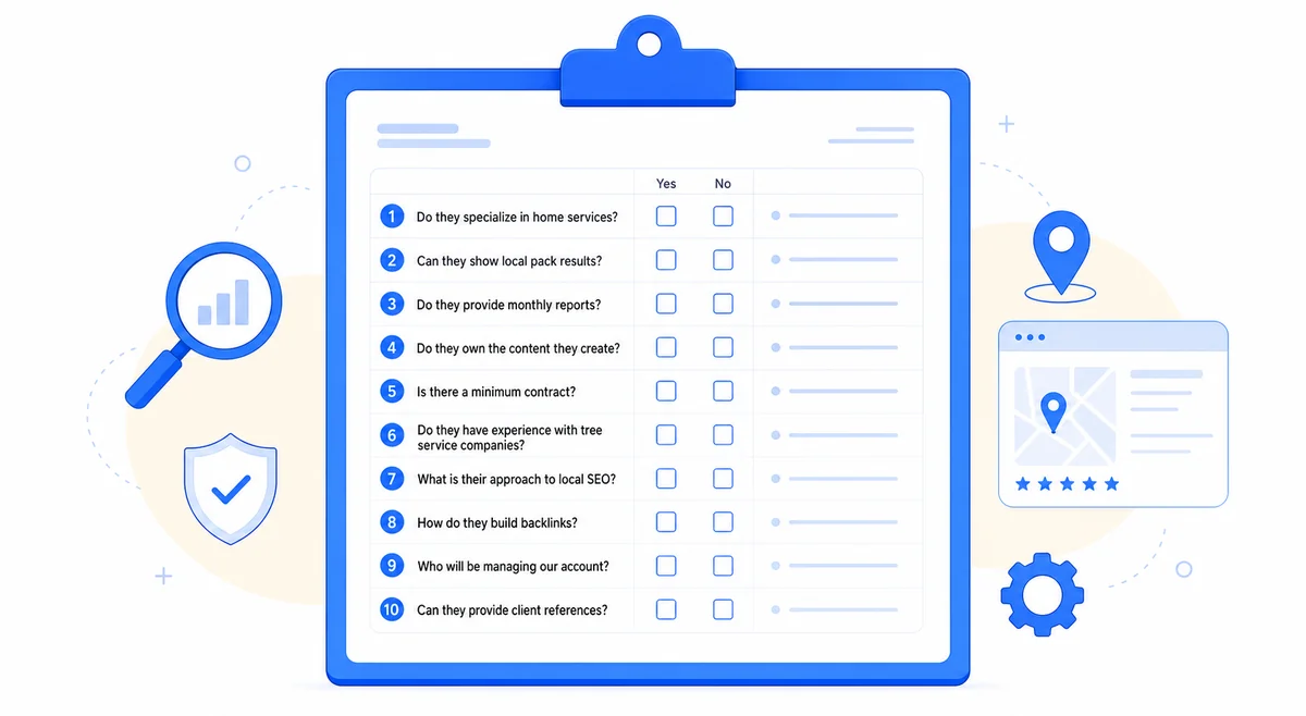 Checklist guiding tree service businesses through key criteria for choosing the right tree service SEO company.
