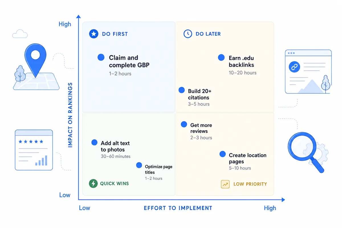 Matrix plotting eight tree service SEO ranking factors by impact on rankings and effort to implement across four priority quadrants.