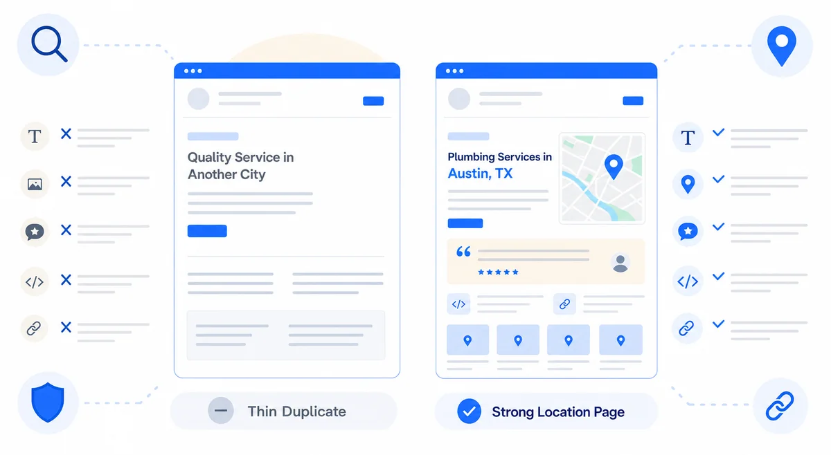 Diagram contrasting a quality location-based content page against a thin duplicate page for tree service SEO strategy.