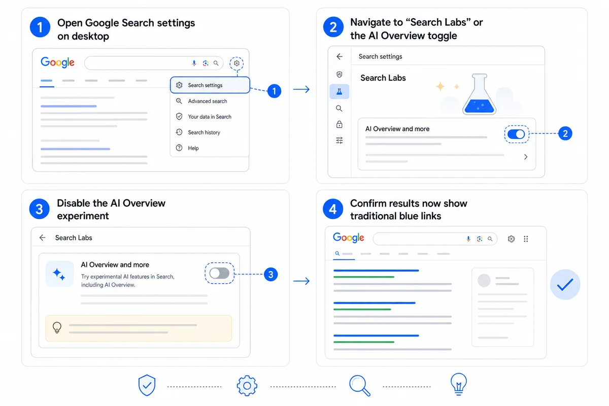 Step-by-step screenshot diagram showing exactly how to turn off Google AI Overview through browser and search settings.