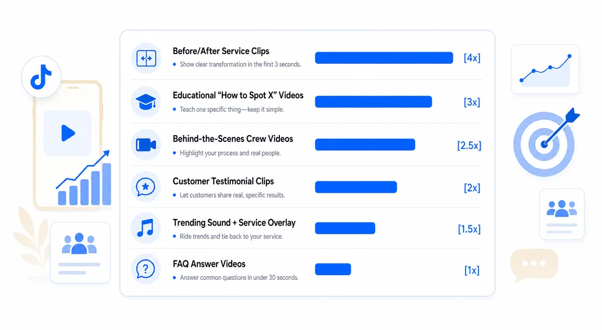 Bar chart ranking six TikTok content types by reach multiplier for home-service businesses seeking audience growth through TikTok SEO.
