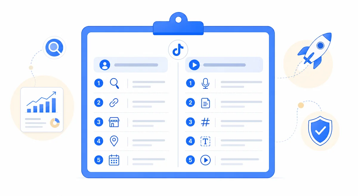 Checklist of TikTok SEO best practices for a home-service business account to maximize audience growth and content visibility.