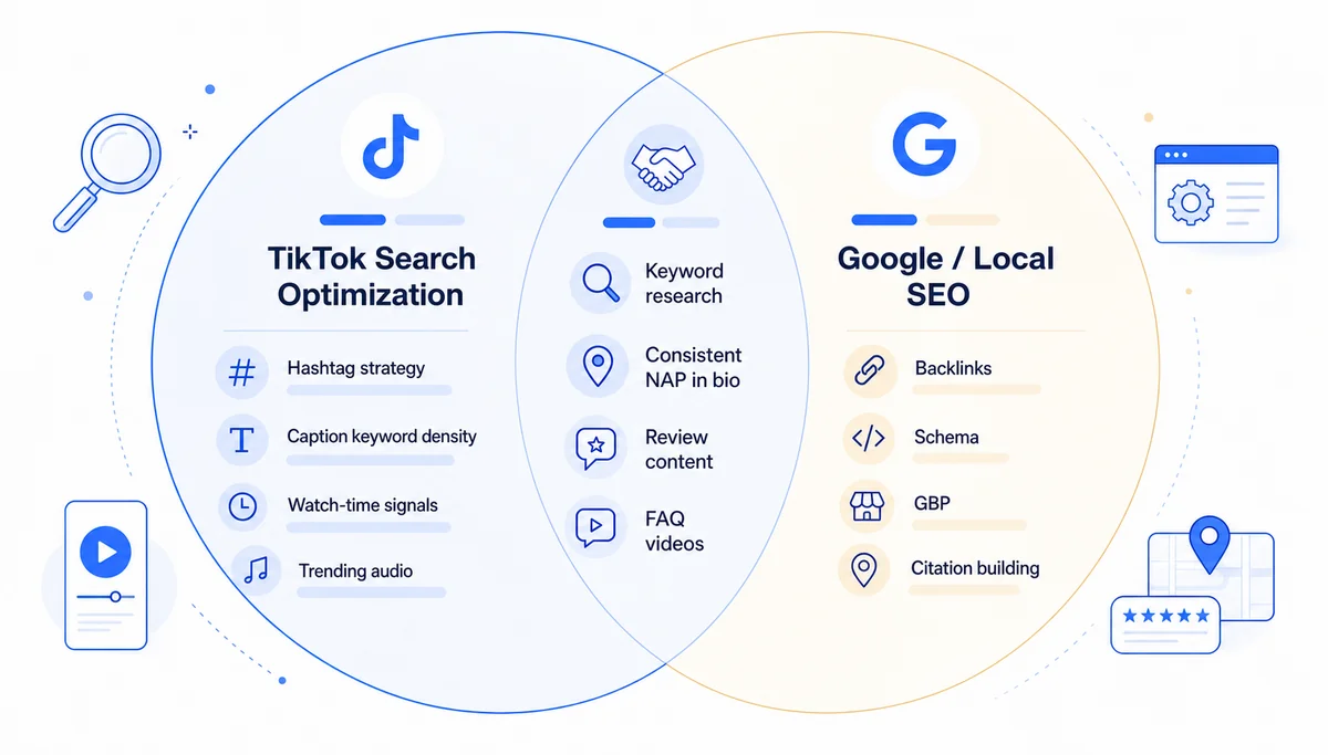 Diagram showing how TikTok SEO and Google SEO overlap and differ for home-service businesses growing their audience.