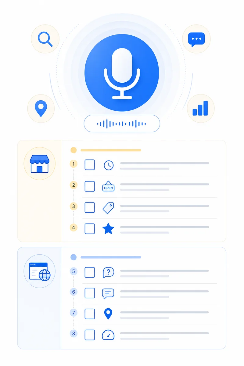 Checklist of eight optimization steps businesses must complete to improve their voice search local SEO visibility and rankings.