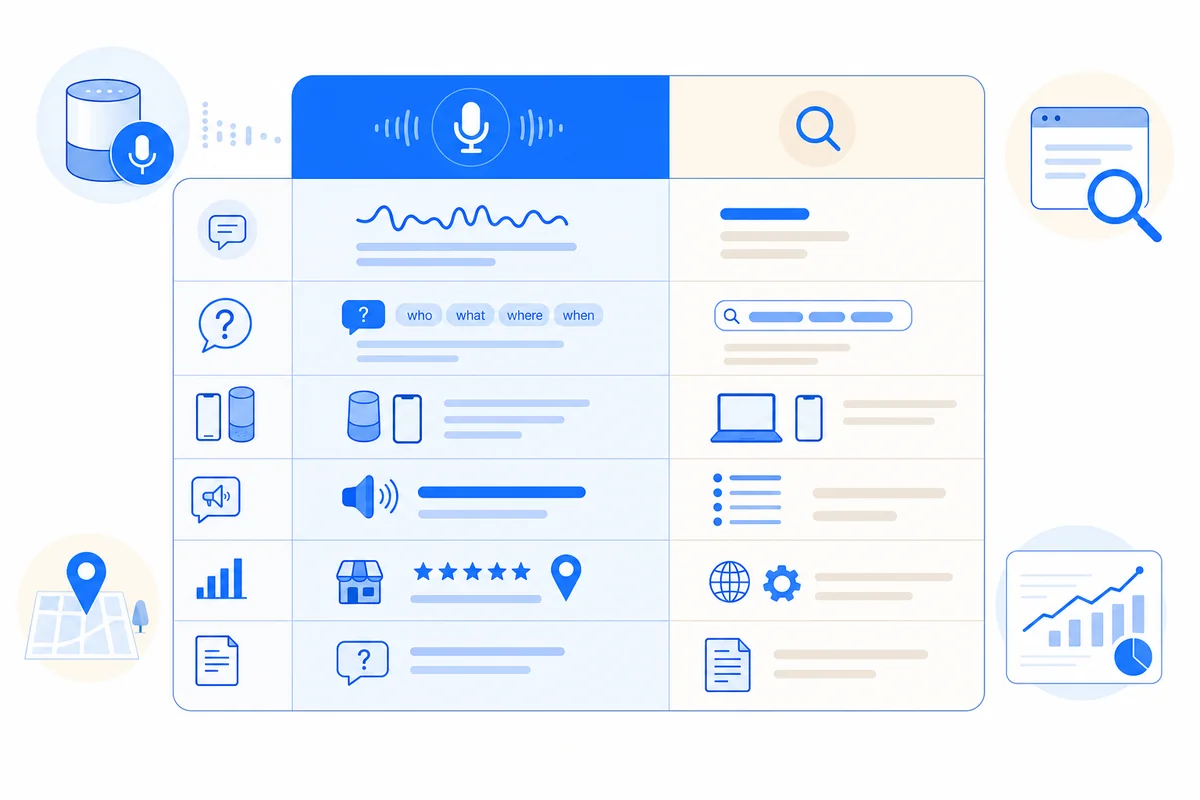 Table outlining key differences between voice search and text search for local SEO including format, device, and ranking signals.