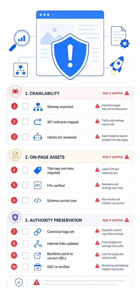 Checklist of critical SEO elements to protect before launching a website redesign to prevent traffic loss and ranking drops.