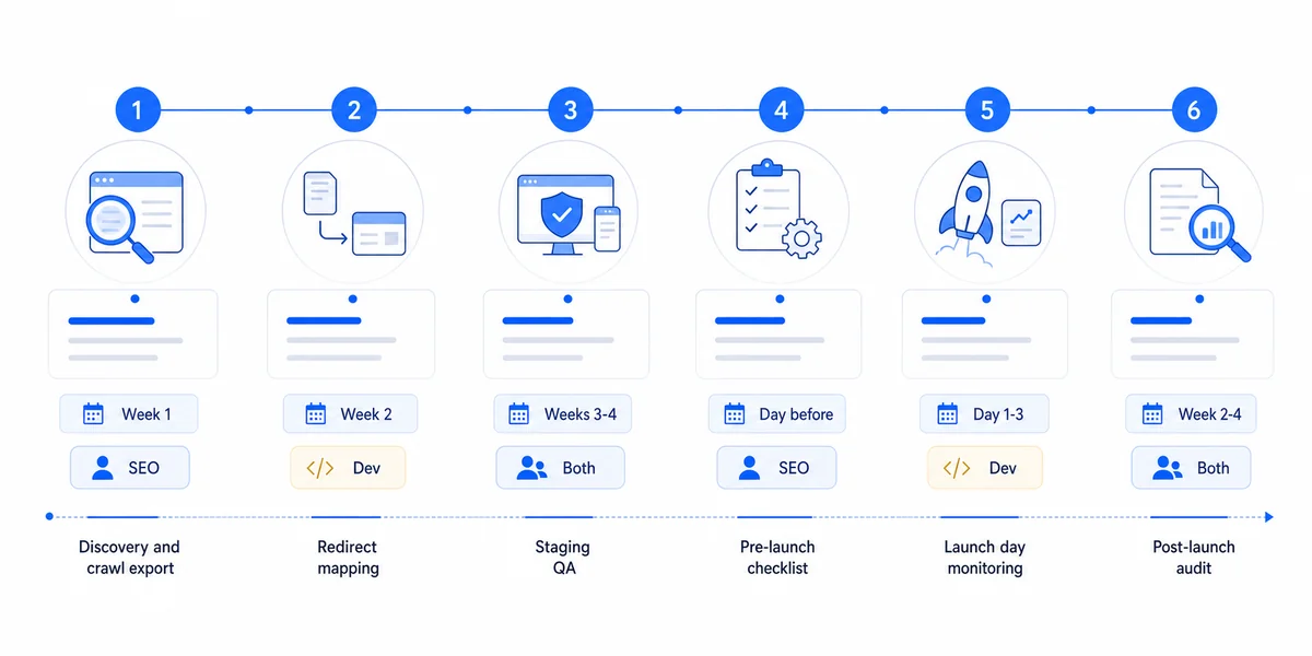 Checklist showing the website redesign checklist SEO timeline across six phases from brief to post-launch audit.