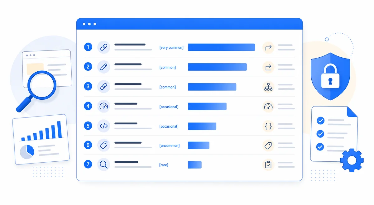 Bar chart ranking seven common causes of traffic drop after a website redesign by frequency, with a one-line fix for each.