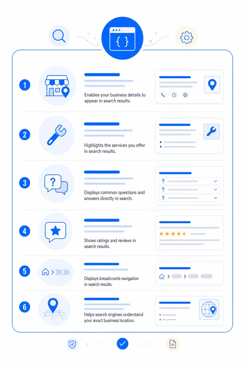 Table listing the key schema markup types important for home-service businesses and their recommended use cases.