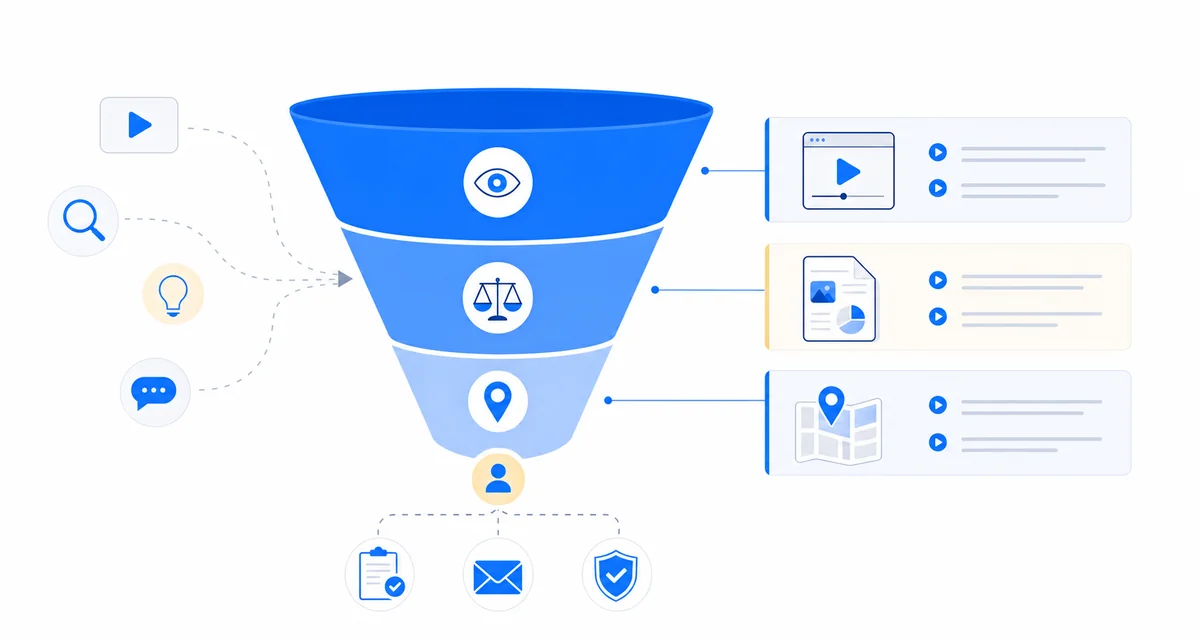 Funnel diagram mapping YouTube SEO services content types for home-service businesses from awareness to conversion.