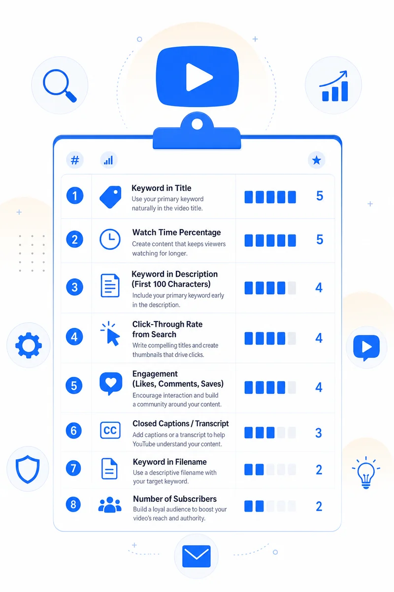 Checklist of YouTube SEO services ranking factors that drive a video to the top of search results.